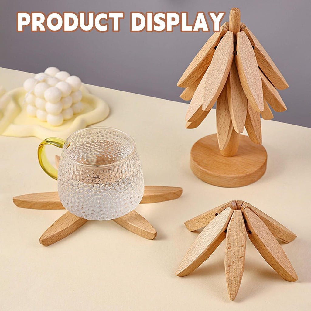 Walnut Wood Trivet Set by [Brand Name] - Tree Shape Design | 4 Trivets + Stand for Hot Dishes