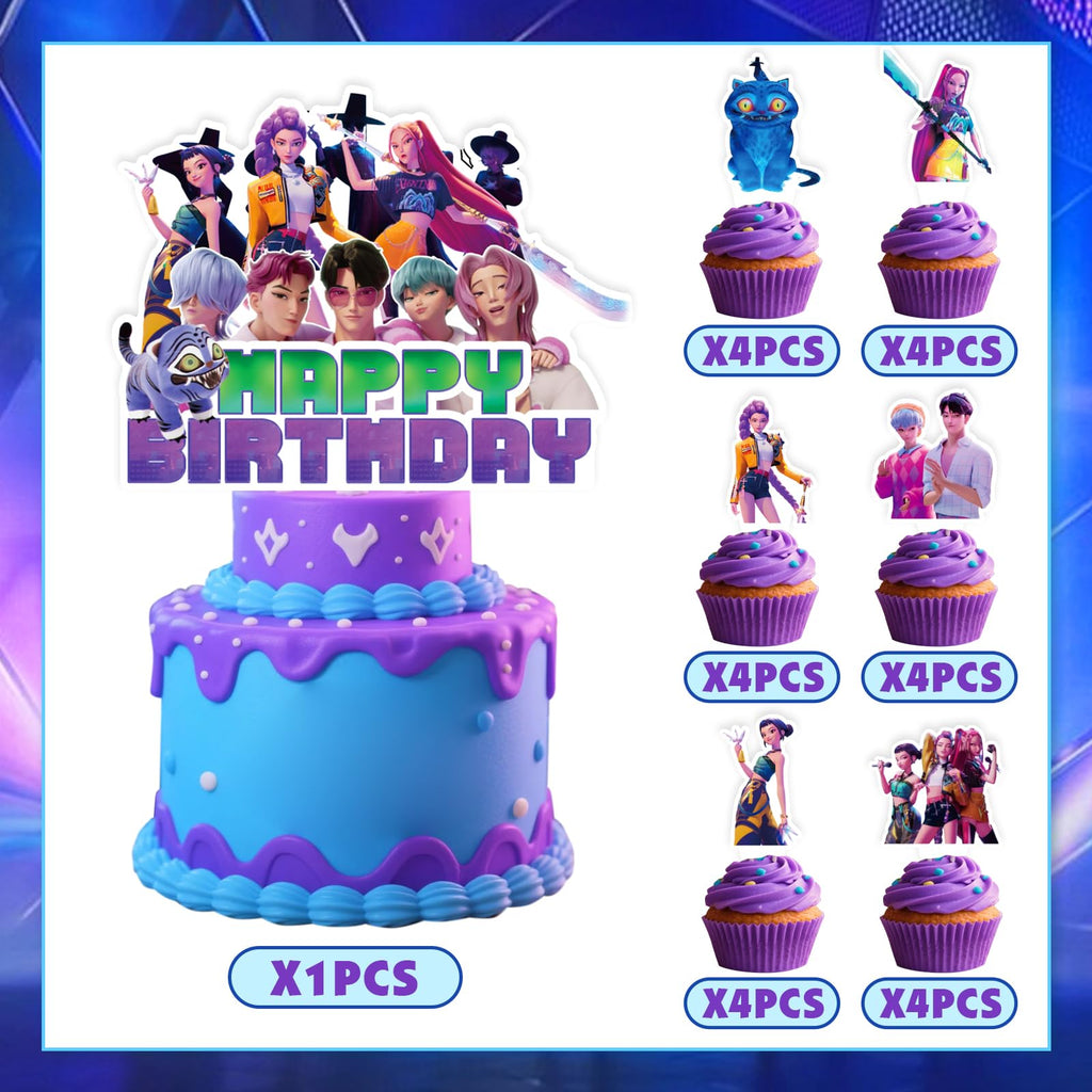 Korean Idol Demon Movie Hunters Birthday Party Decorations, 25 Piece Cake and Cupcake Toppers Set, Cartoon Animation Theme for Kids Birthday Celebrations