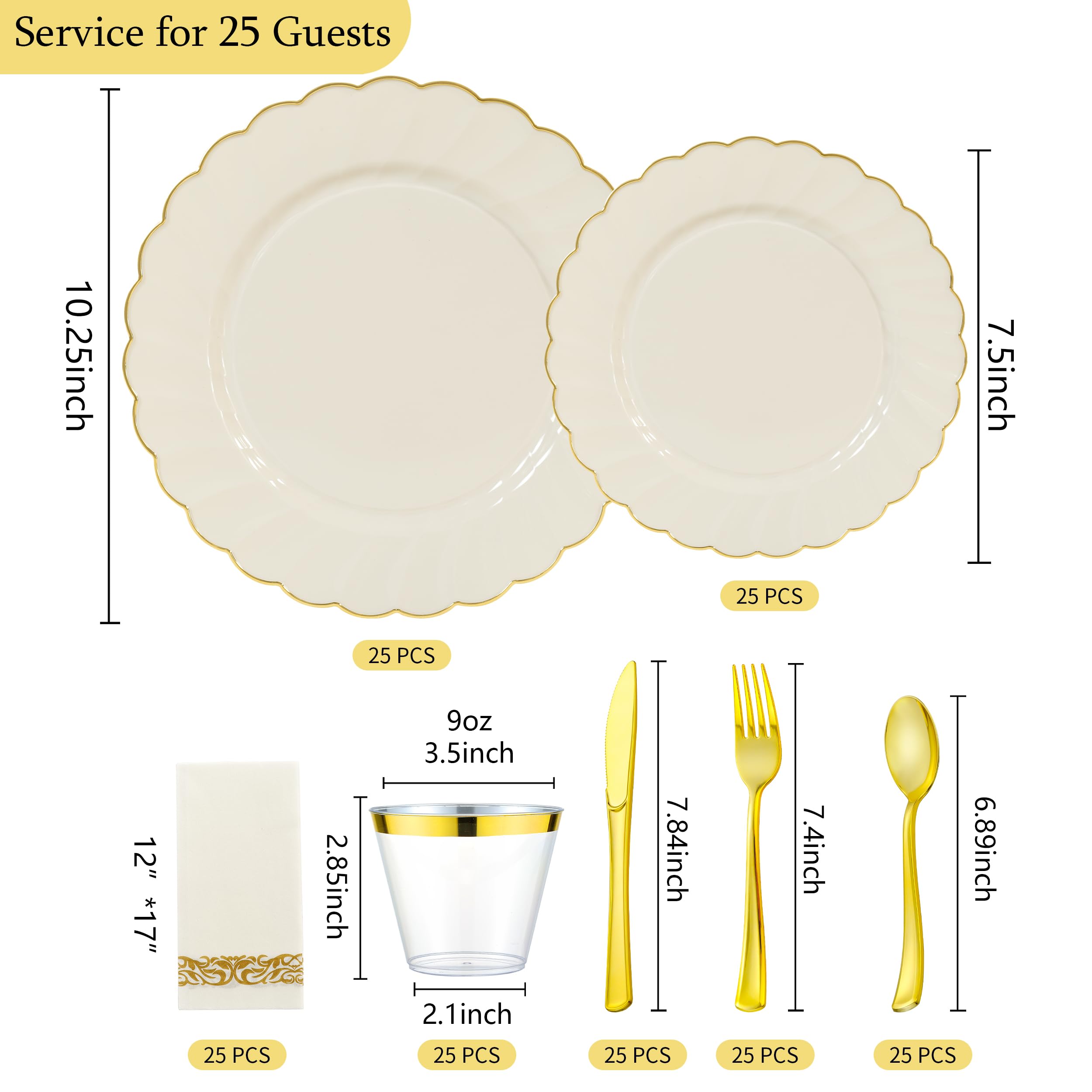ISFANGCO175PCS Ivory Fancy Disposable Dinnerware Set-Ivory Scalloped Plastic Plates with Gold Rim -25 Dinner&25Dessert Plates, 75 Silverware Set, 25 Napkins and 25 Cups（25 Guests）
