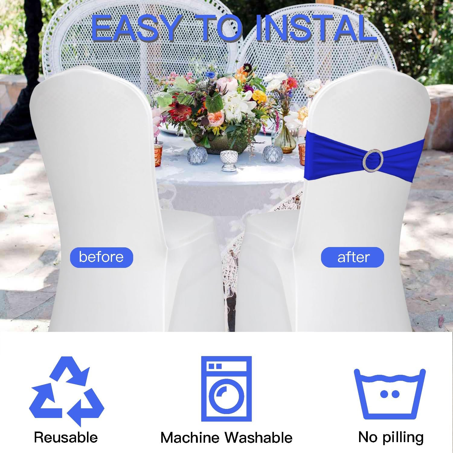 WJWHQ Spandex Stretch Chair Sashes - 100PCS Elastic Covers with Buckle Slider for Weddings & Events | Royal Blue