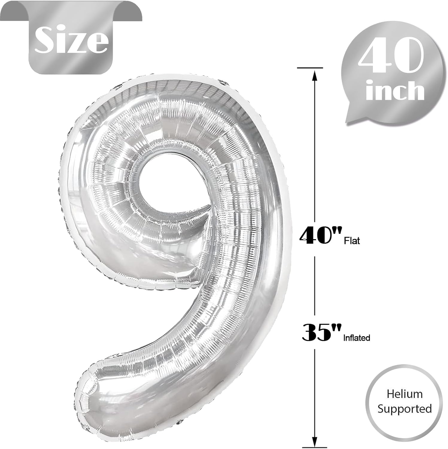 Silver 9 Balloon - 40 Inch Giant Number Balloon for 9th Birthday Decorations | Perfect for Boys & Girls