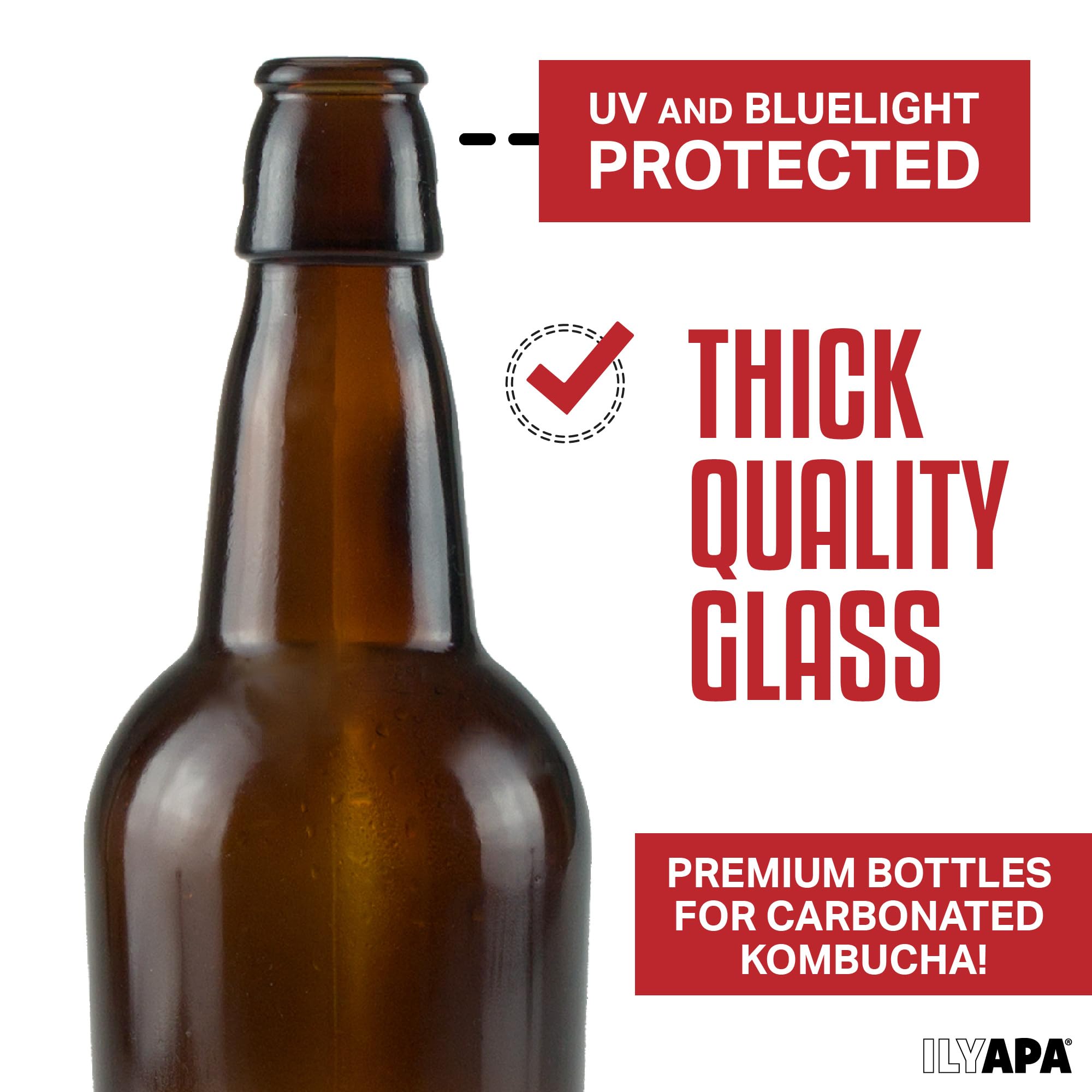 Ilyapa 16 Ounce Amber Swing Top Glass Bottles - 12 Pack Flip Top with Airtight Lid, for Home Brewing - Kombucha, Soda, Coquito, Kefir, Juice