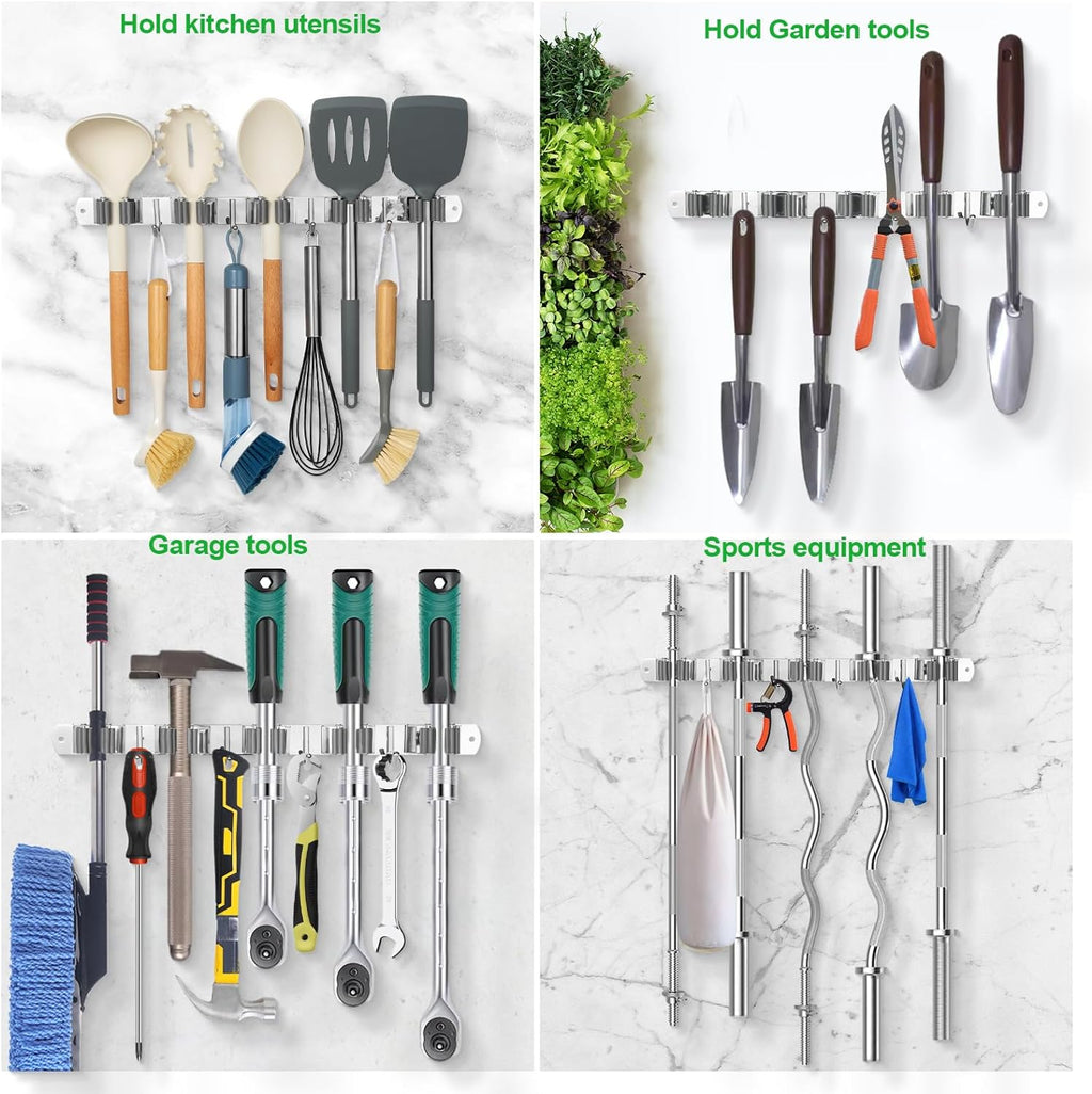 Voze Mop and Broom Holder - 3 Racks & 4 Hooks | Heavy-Duty Wall Mount Organizer for Home & Garage