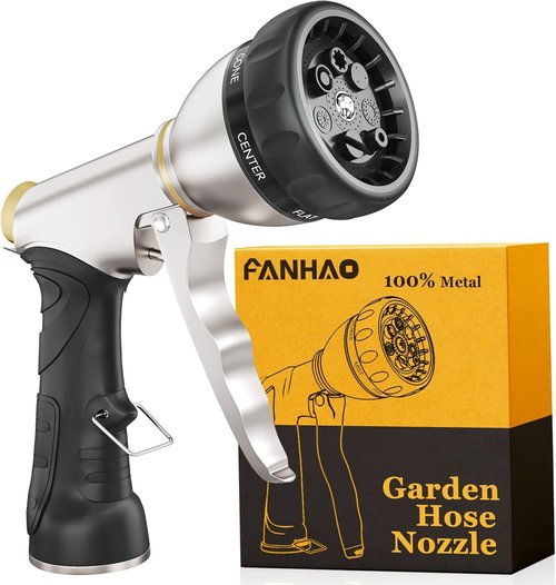 FANHAO Heavy Duty Metal Garden Hose Nozzle - 7 Spray Patterns & Ergonomic Handle for Efficient Watering