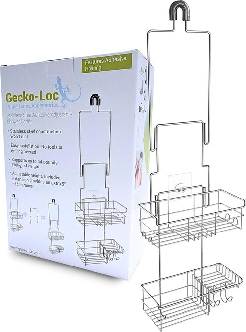 Gecko-Loc Extra-Long Adjustable Shower Caddy - Rustproof Stainless Steel Organizer with Suction Stabilizer & Hooks | No-Drill Installation (Silver)