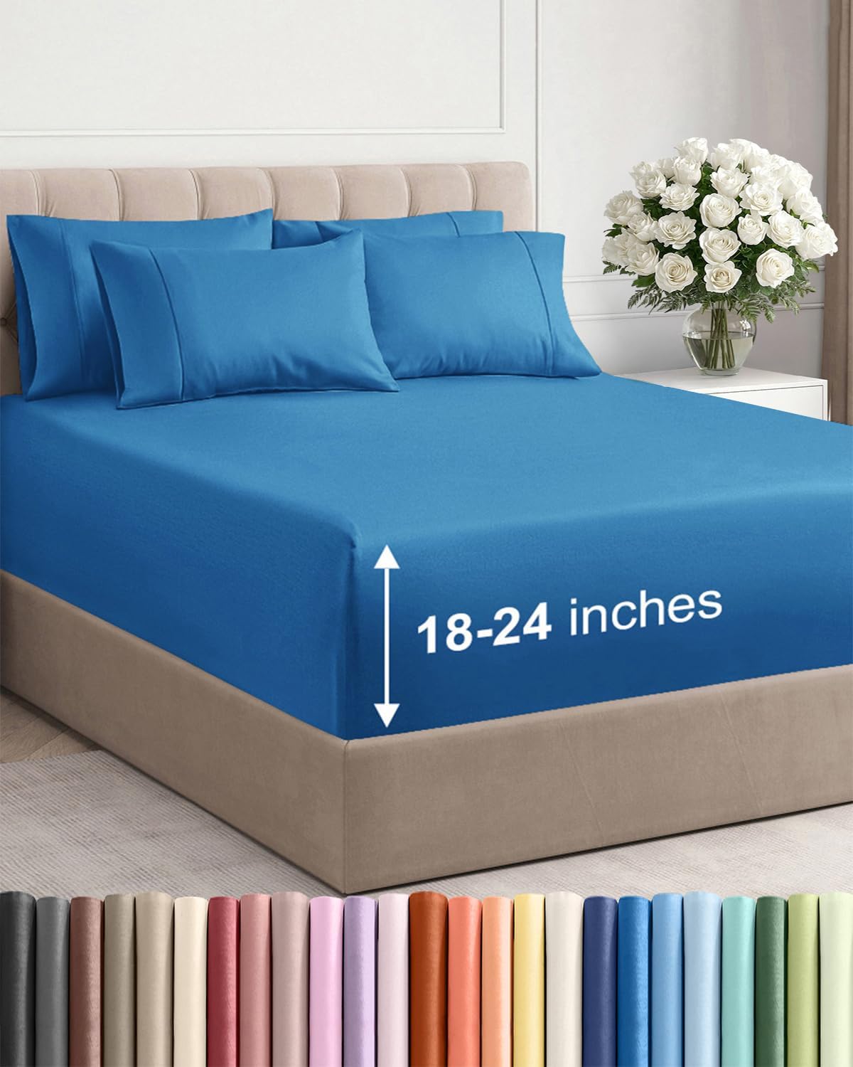 Skiennix Extra Deep Cal King Sheet Set - 6 Piece Breathable Cooling Bedding - Soft Wrinkle-Free Denim Blue