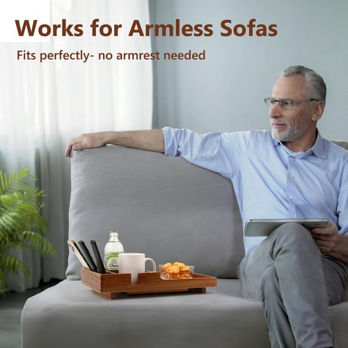 Acanacle Couch Insert Tray for Middle Seat, Acacia Wood Couch Table with 2 Cup Holders, Fits Armless Sofa & Sectionals, Fold-Flat Tray for Drinks, Snacks & Remotes