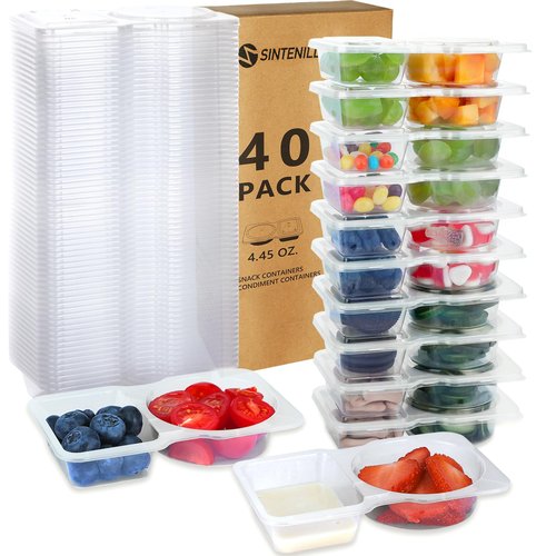 SINTENILL 40 Sets Reusable Snack Containers With Lids, Double Compartment Snack Pack Containers, Portion Control, Meal Prep, Ideal For On-The-Go Mini Sauce Boxes & Lunchable Snack Packs For Kids