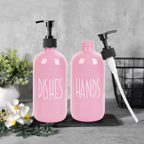Glass Soap Dispenser with Plastic Pump for Kitchen - 16 OZ Glass Hand Soap Dispenser Set - Kitchen, Bathroom for Decor and Accessories (Pink)