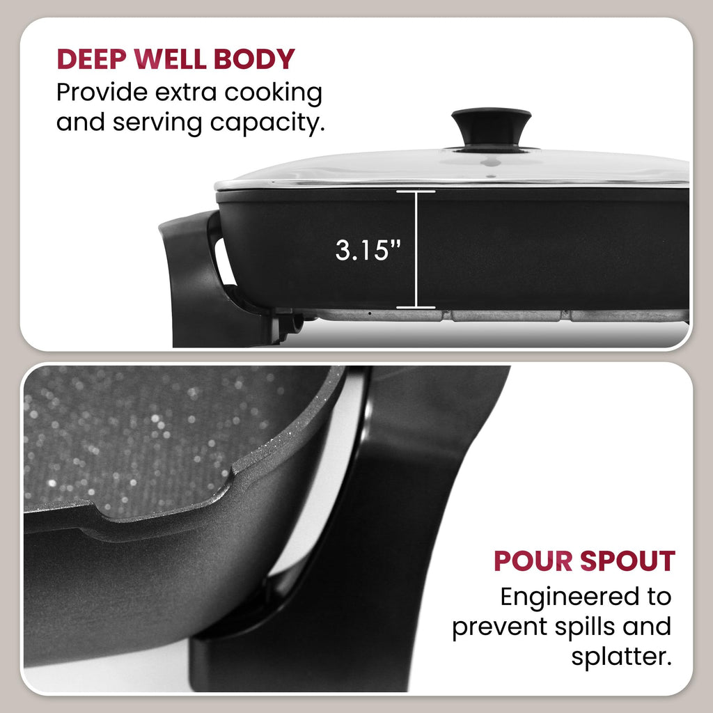 Elite Gourmet EG-6203X Extra Deep 16"x13"x3.2" (10.5Qt.) Scratch Resistant, Easy Pour Spout, Dishwasher Safe, Non-stick Electric Skillet with Vented Glass Lid, Adjustable Temperature, Black