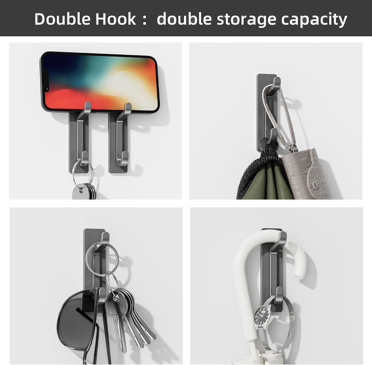 Pickpiff Wall Hooks - 13LB Strong Adhesive Coat & Towel Hangers | Grey 4-Pack