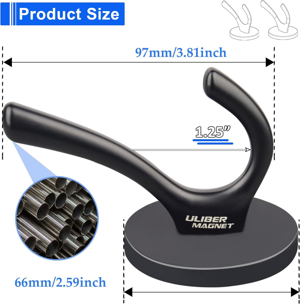 ULIBERMAGNET Heavy Duty Magnetic Double Hooks - Sturdy Rubber Coated Hooks for Coats, Towels & Keys (Black)