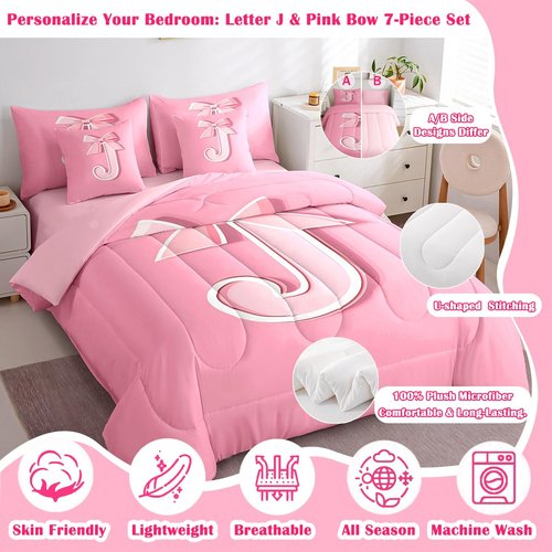 jejeloiu Pink Bowknot Bed Set, Twin Size, Decor Personalized Teen Girl Gifts Ultra Soft Initial Letter J 7 Pieces Beeding Set, Girly Romantic Bed in a Bag with Comforter, Sheets, Pillowcases