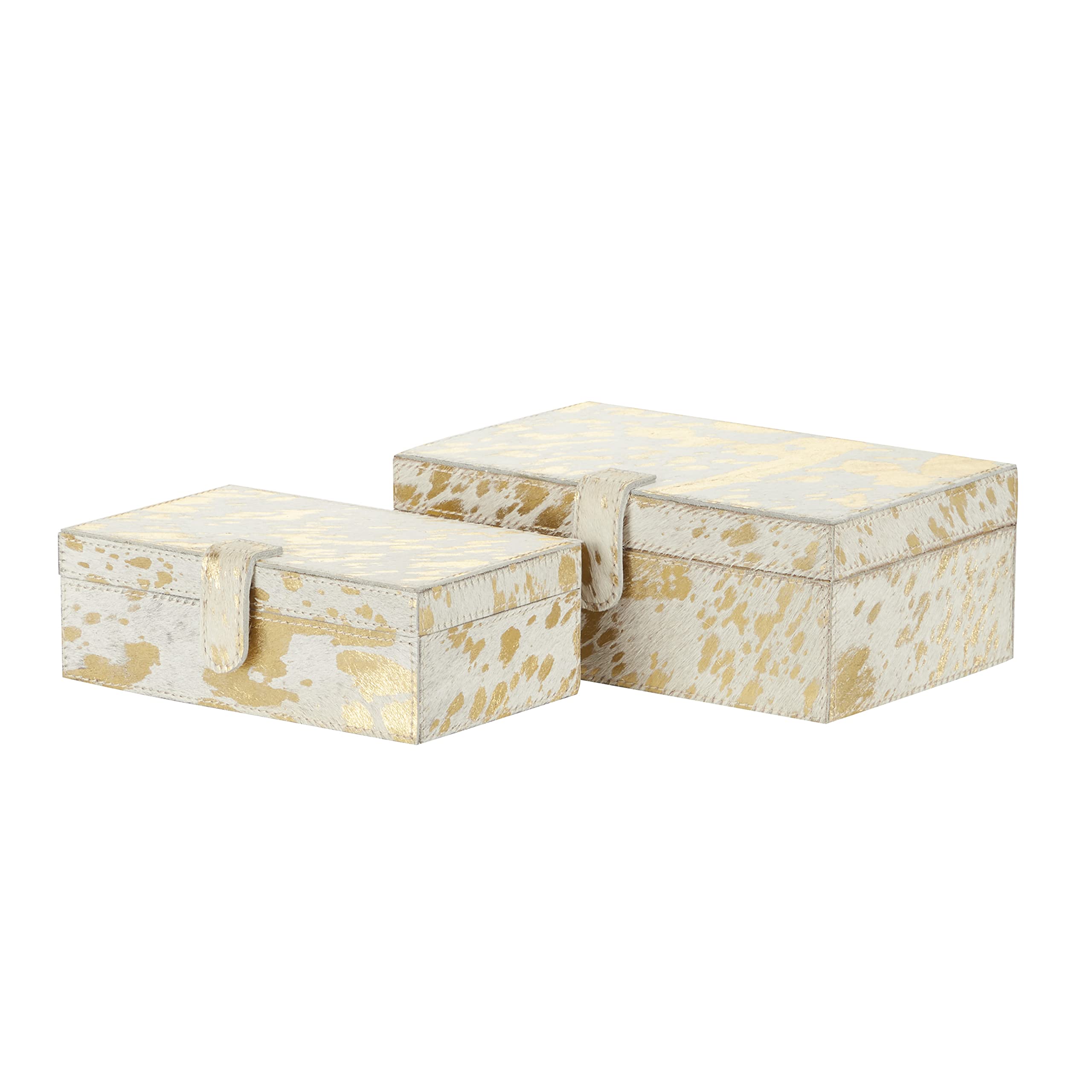 Deco 79 Leather Handmade Decorative Box Decorative Keepsake Boxes with Gold Foil Paint, Set of 2 Storage Boxes 8", 10"W, Gold