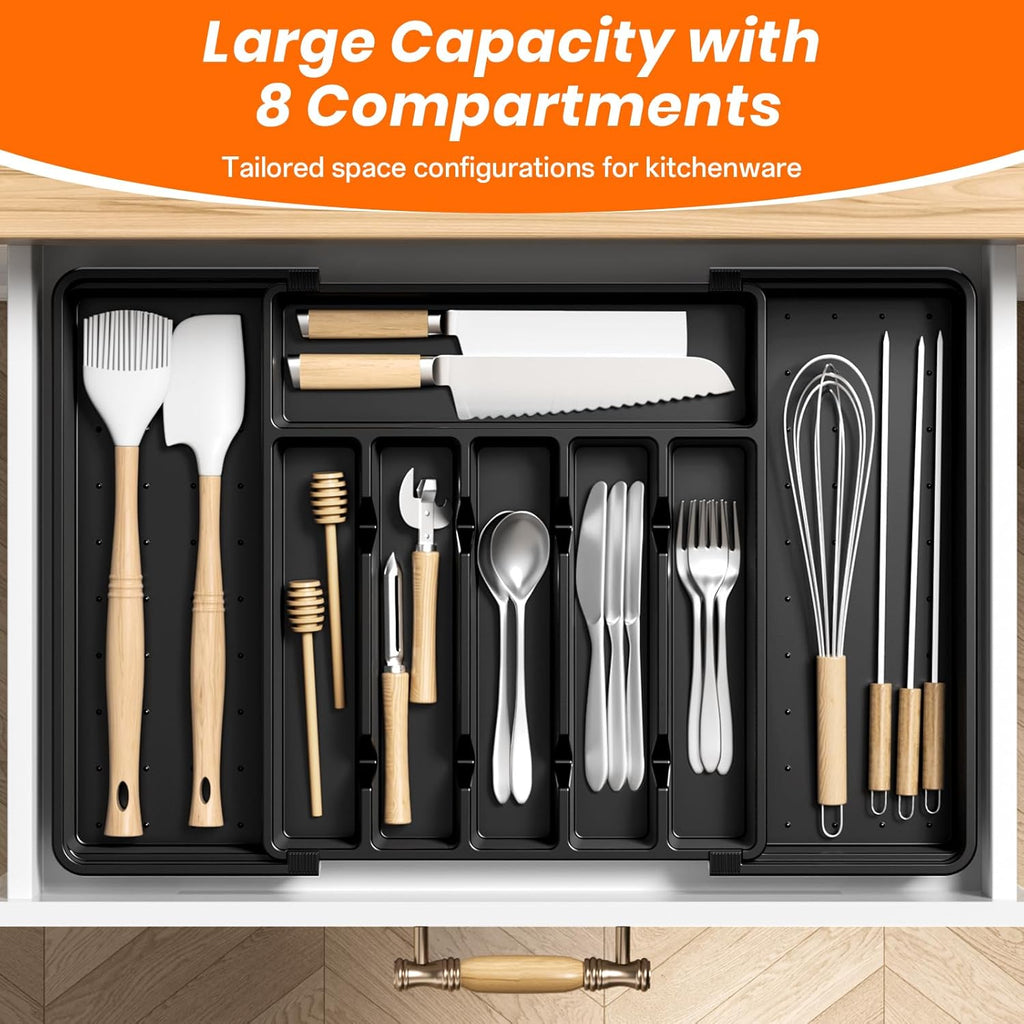 RoomHacks Large Silverware Organizer - Expandable Utensil Drawer Holder | BPA-Free, Adjustable, Black (6-8 Slots)