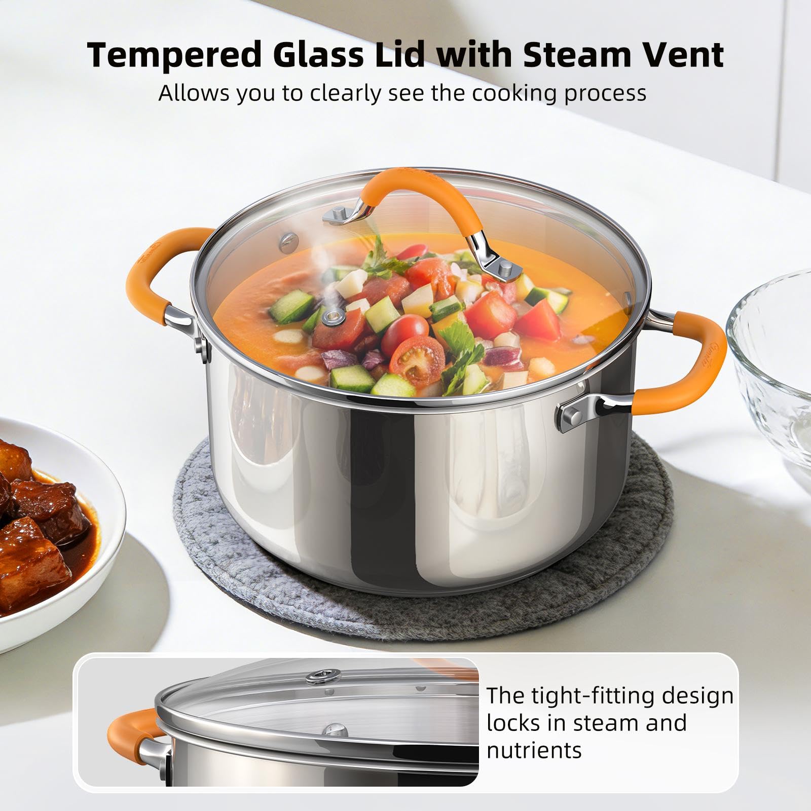 Ciwete Stainless Steel Stock Pot, 5.2 Quart Soup Pot with Lid, Heavy-Duty Thick Bottom Induction Cooking Pot for Pasta, Stew & Simmering, Even Heating, Compatible with All Cooktops, Dishwasher Safe