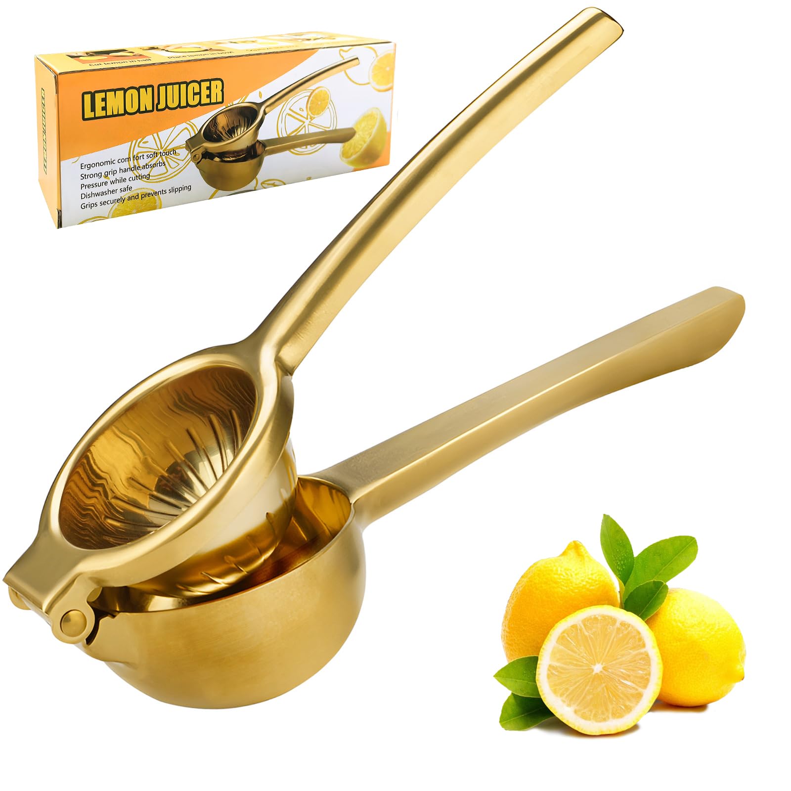 SHIKORI Lemon Squeezer, Large Heavy Duty Handhelp Juicer for Lemon, Stainless Steel Hand Press Citrus Juicer, Lime Squeezer Bar Tool, Manual Citrus Press (Gold)