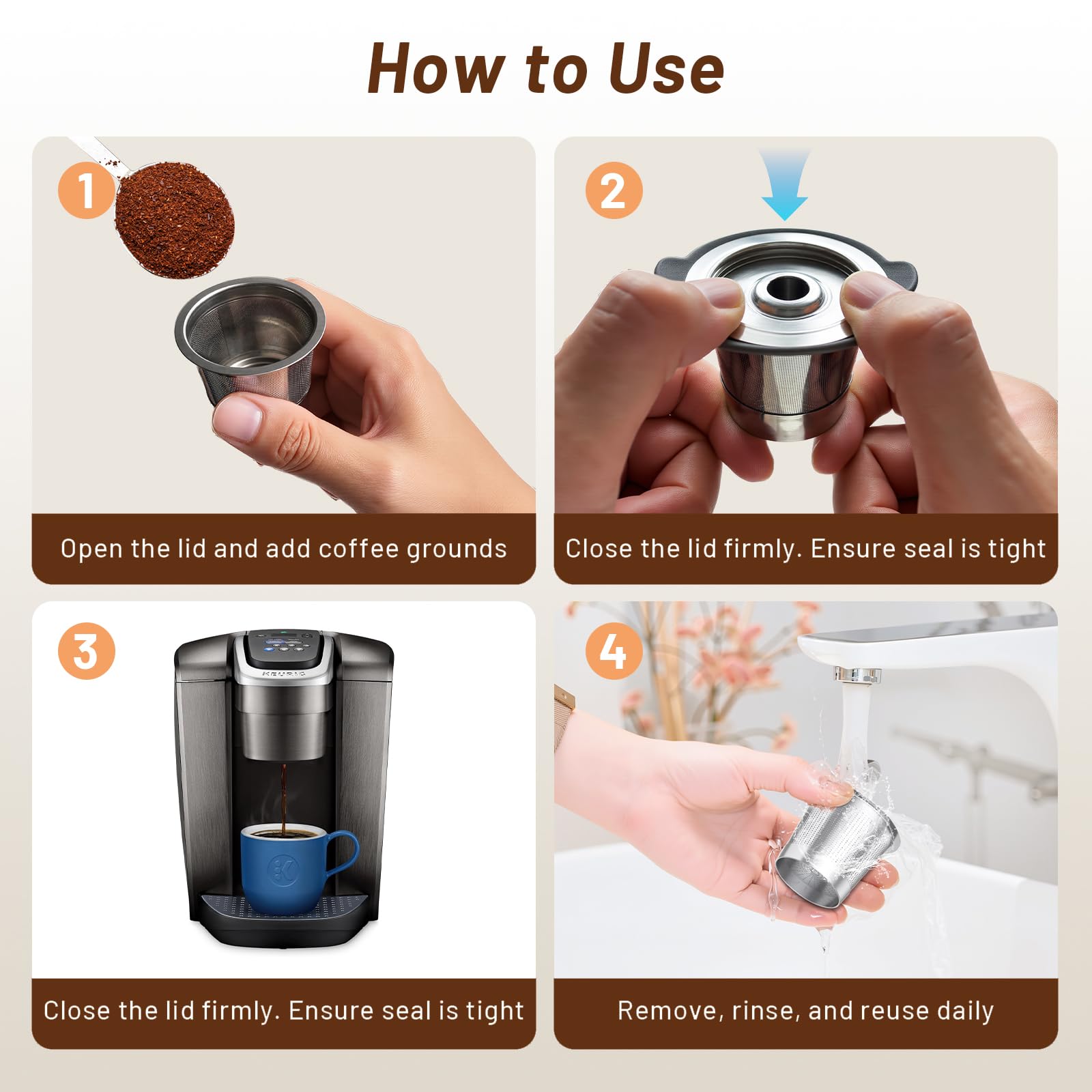SEACOT ComfortGrip™ Stainless Steel Reusable K Cups, 2-Pack – Anti-Scald Silicone Lid, 304 Food-Grade Steel, BPA-Free, Easy-Clean Coffee Pods – Compatible with 1.0 Only (Not for 2.0)