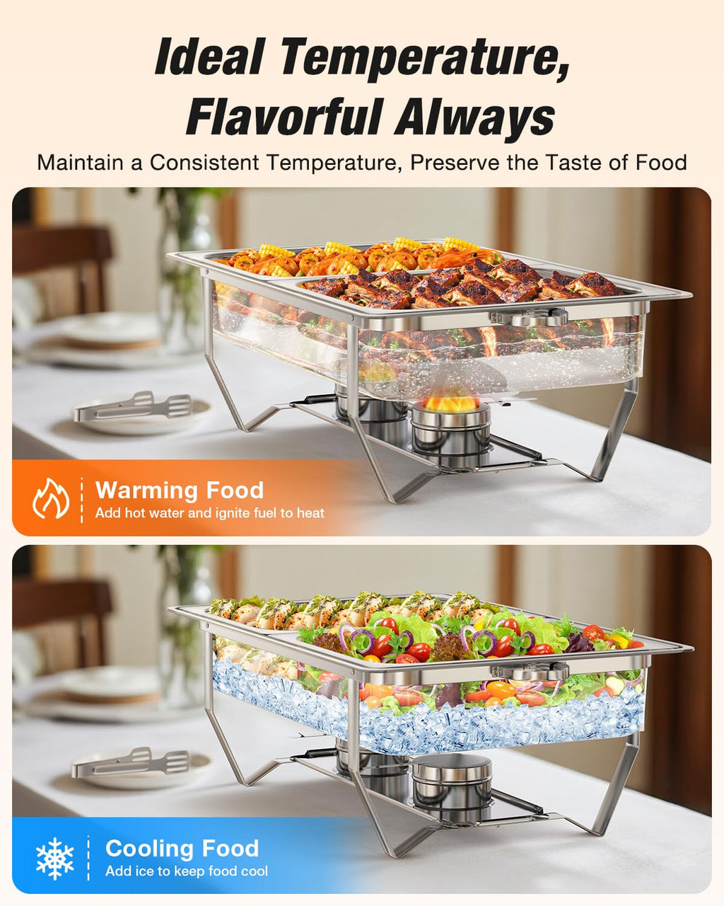 WARMOUNTS Rectangular Chafing Dishes for Buffet with Glass Lid (9QT, 2 Pack), Large Chafers and Buffet Warmers Set w/Mirror-Polished Stainless Steel, Rolled Rim, Lid Holder, Foldable Frame for Party