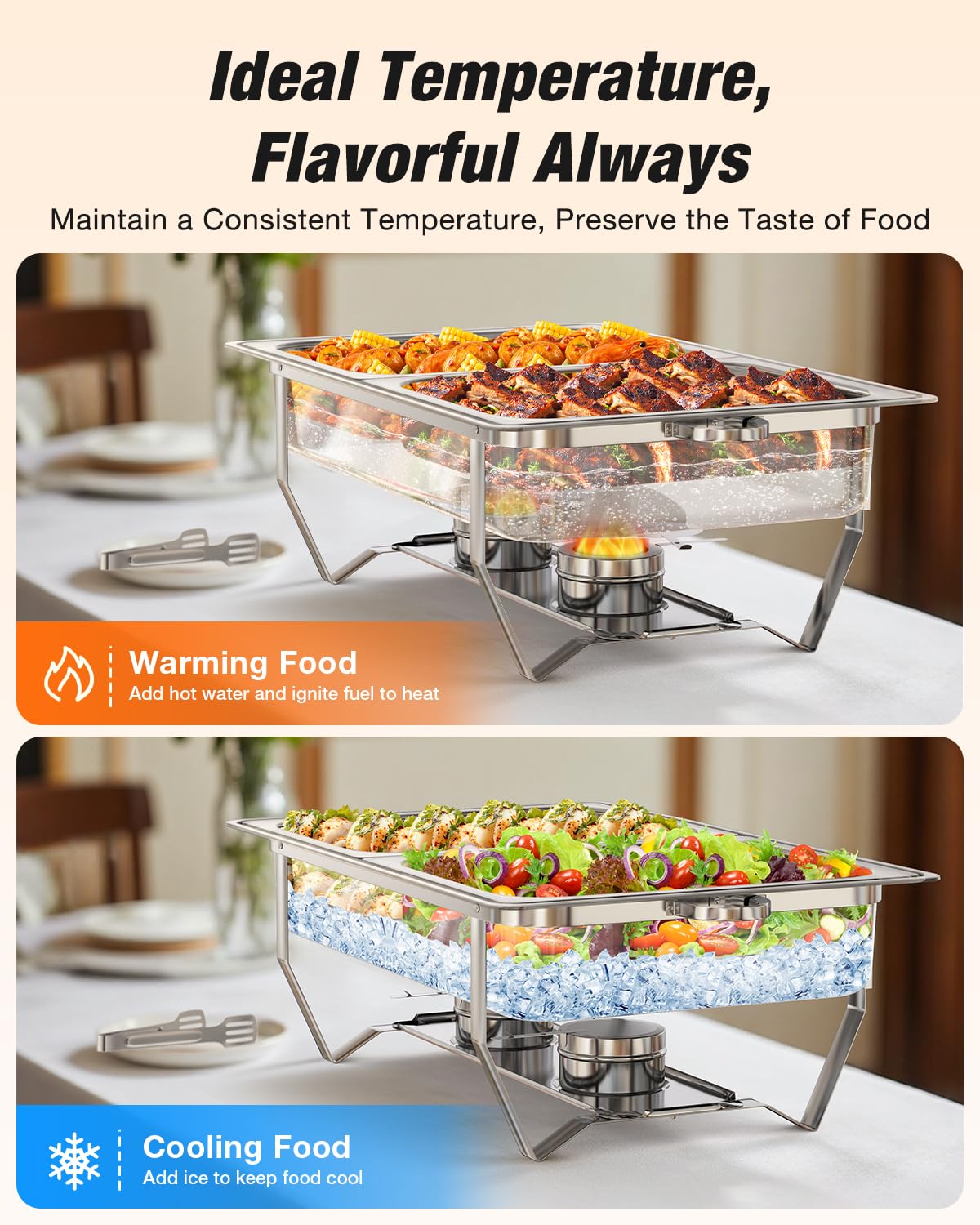 WARMOUNTS Rectangular Chafing Dishes for Buffet with Glass Lid (9QT, 2 Pack), Large Chafers and Buffet Warmers Set w/Mirror-Polished Stainless Steel, Rolled Rim, Lid Holder, Foldable Frame for Party
