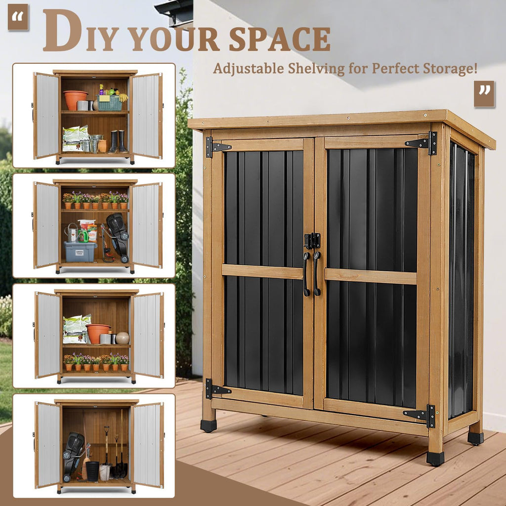 PetsCosset Weatherproof Outdoor Storage Cabinet - Lockable Wood & Metal Shed for Tools, Lawn Equipment & Pool Accessories