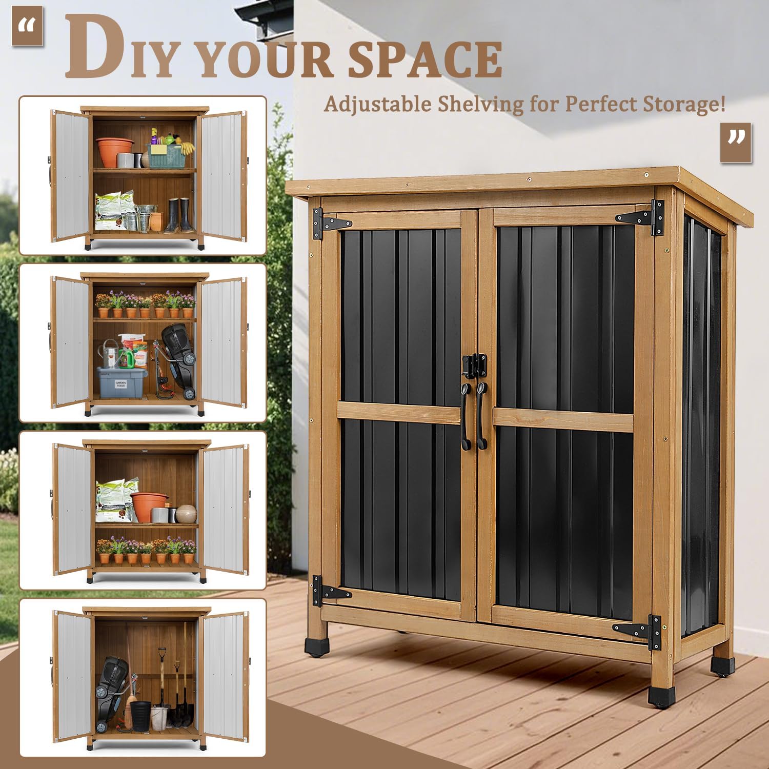 PetsCosset Weatherproof Outdoor Storage Cabinet - Lockable Wood & Metal Shed for Tools, Lawn Equipment & Pool Accessories