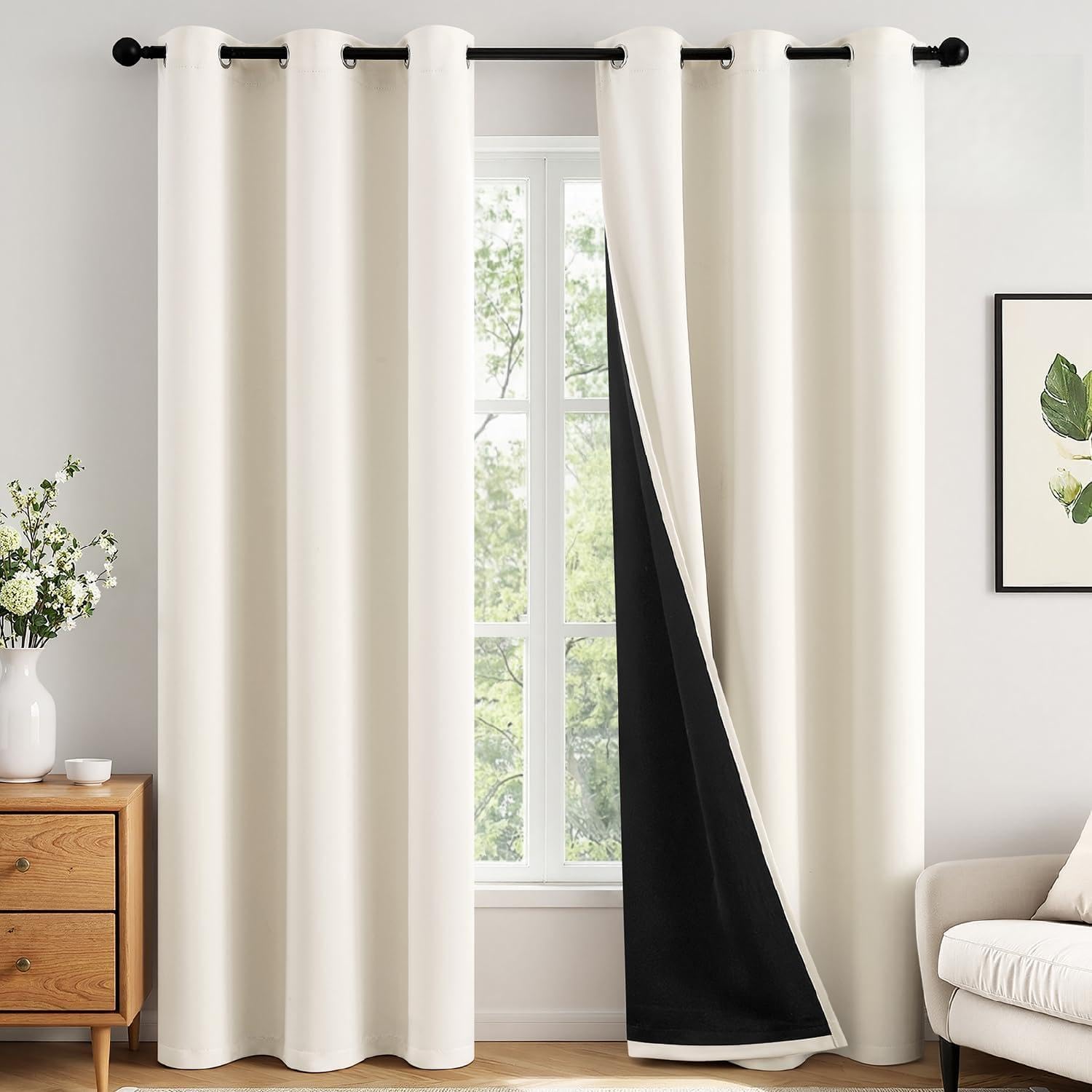 MIULEE 100% Blackout Curtains - Thermal Insulated, Noise Reducing, 96 Inch Long, 2 Panels, Cream