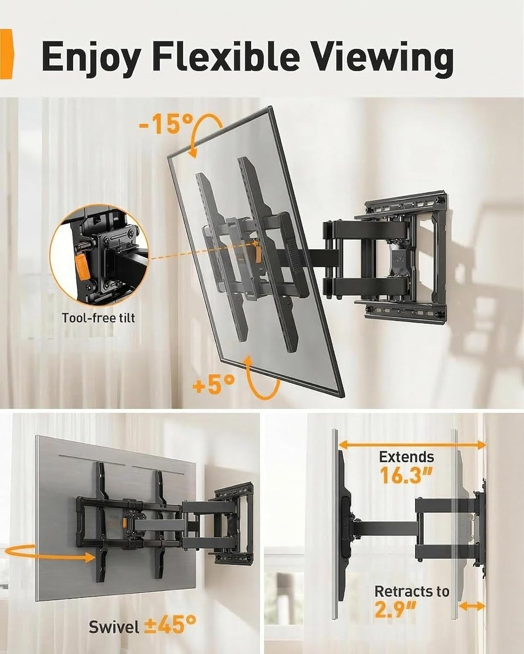 Perlegear Full Motion TV Wall Mount - Fits 42–97 Inch Flat & Curved TVs Up to 132 lbs | Tool-Free Tilt & Swivel