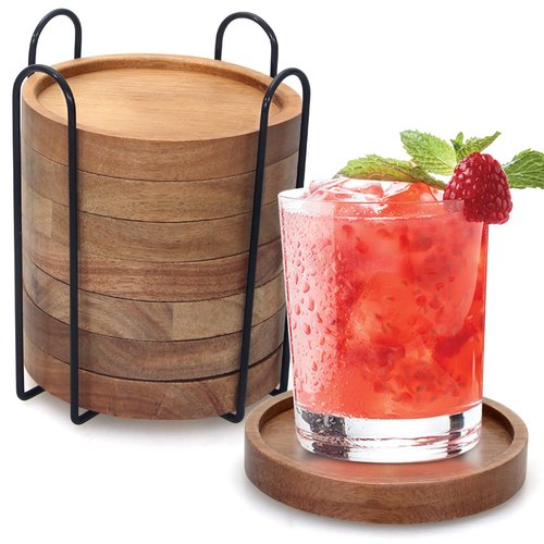 Rustic Wooden Coasters Set of 8 Farmhouse Coffee Table Decor Acacia Wood Drink Coaster with Holder Modern Outdoor Bar Cool Cup Costers Kitchen Accessories Decoration Home Dining Coasters Gift