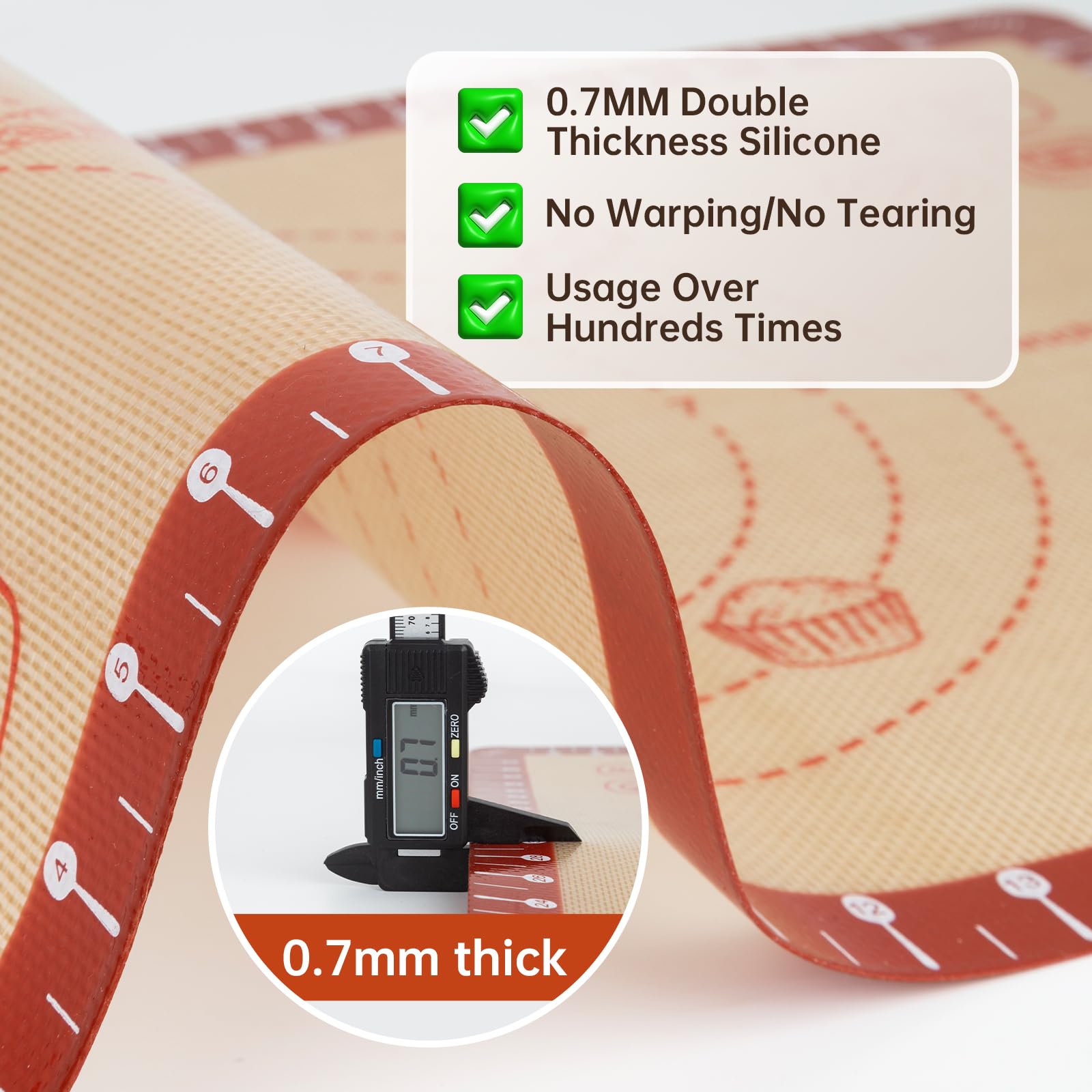 Extra Thick Silicone Mat for Baking, Silicone Baking Mat with 10 Easy Recipes, Non Stick Silicone Pastry Mat, kneading Dough Rolling Mat, Macaron, Cookie, bread, Pizza, Fondant/Pie Crust