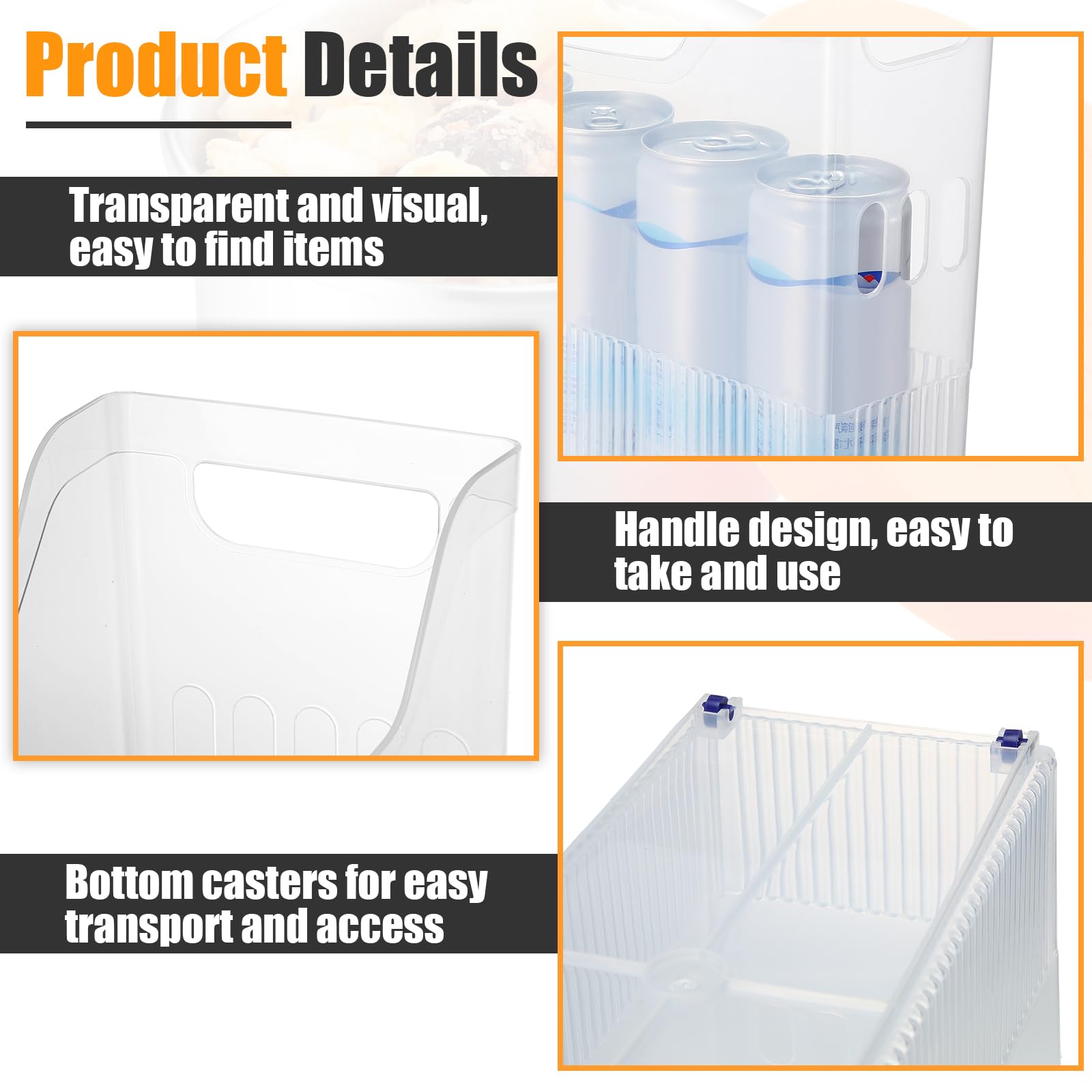 Qunclay 6 Plastic Freezer Organizer Bins with Wheel Set Clear Tall Narrow Kitchen Pantry Organizer Snack Storage Containers for Office Refrigerator(10 x 13.3 x 3.5 Inches)