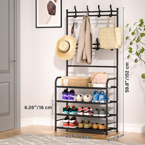 darsun Entryway Coat Rack, Shoe Rack for Entryway, Coat Rack Freestanding with 4-Tier Storage Shelves and 8 Double Hooks, for Living Room, Bathroom, Hallway, 60CM/21.6 IN