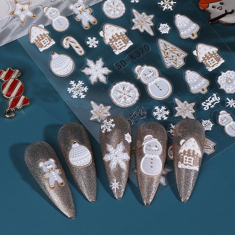 5D Embossed Christmas Nail Stickers Snowman Snowflake Decals 2PCS
