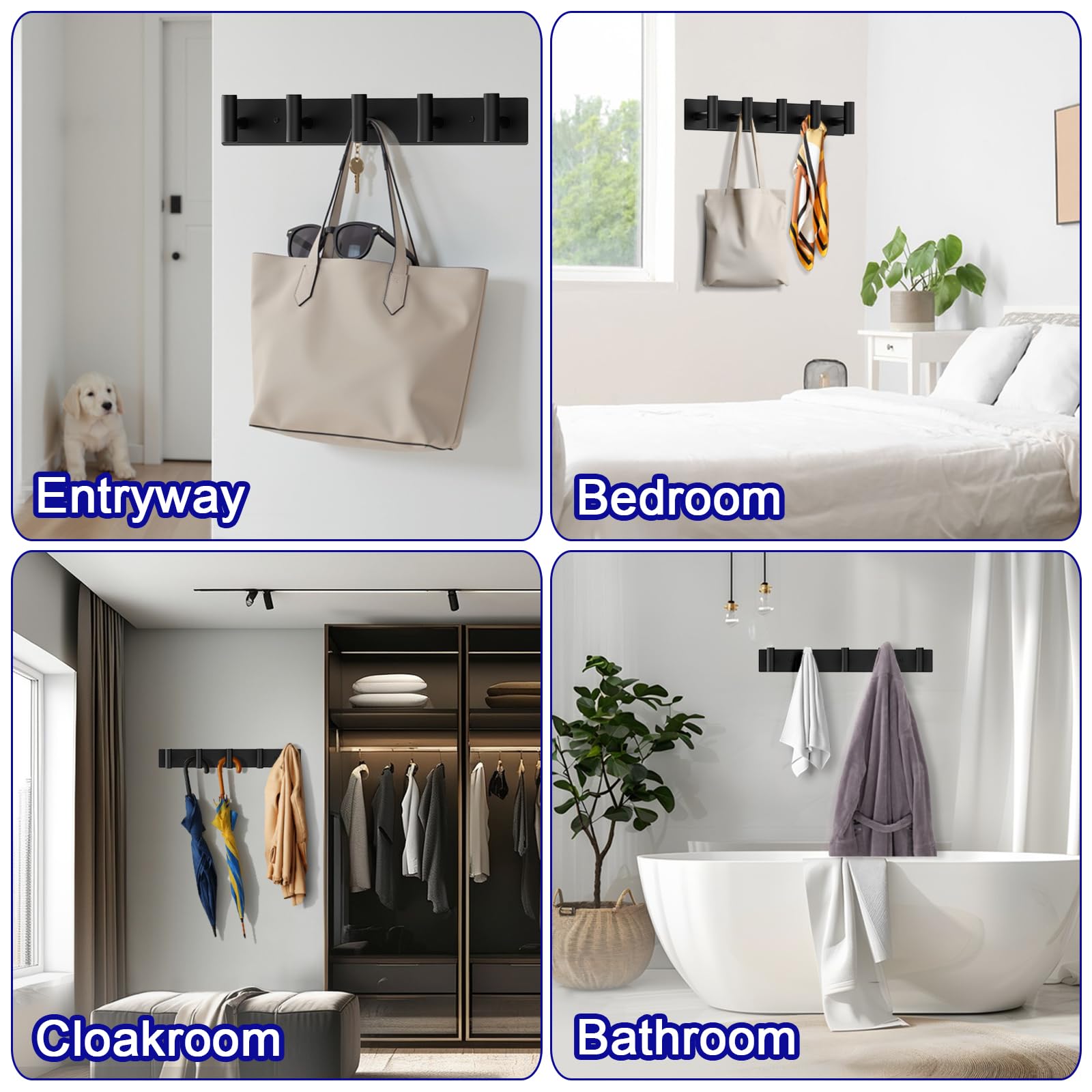 Bntuk Coat Rack Wall Mount - 5 Coat Hooks, Towel Racks for Bathroom Robes Bags Keys, Hat Rack Wall Towel Hooks Organizer Essential (Black)