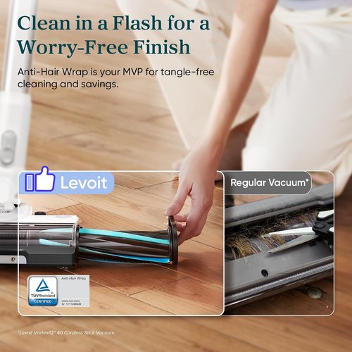 LEVOIT Cordless Stick Vacuum - Strong Suction, Anti-Tangle, LED Headlights, Removable Battery | White & Blue