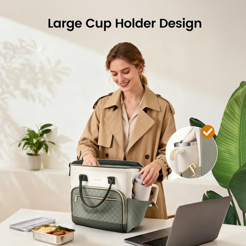 LOVEVOOK Lunch Bag Women, Insulated Adult Lunch Box for Women Work, Wide Opening Leakproof Cooler Tote Bag for Office Campus Picnic Beach with Shoulder Strap, Loncheras Para Mujer with Cup Holder