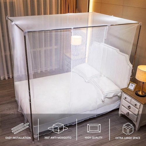 Niemro White Mosquito Net Tent for Bed，One Side Opening Canopy Netting Curtain Net for Bedroom Decoration for Queen Size（Without Bed Frame）