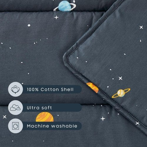 Wake In Cloud - Toddler Nap Mat with Pillow and Blanket, 100% Cotton Fabric, for Kids Boys Ages 3 Plus in Daycare Kindergarten Preschool, Roll Up Sleeping Bag, Galaxy Spaces, Gray, Extra Long