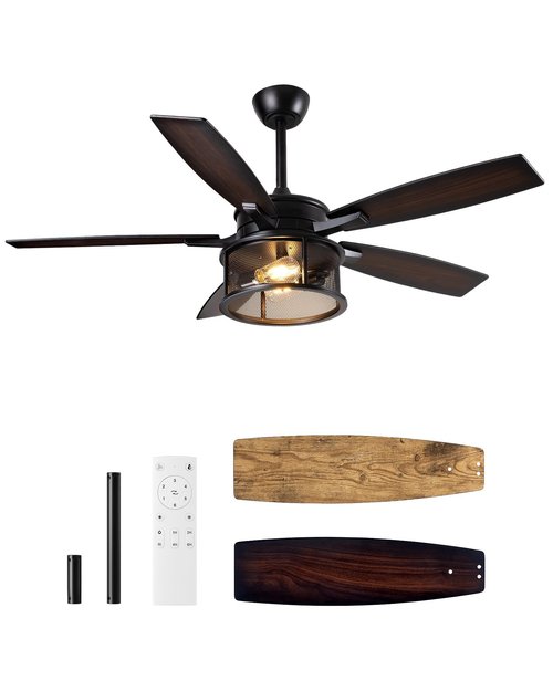 EDISHINE 52" Farmhouse Ceiling Fans with Lights and Remote, 10%-100% Dimmable, 5 Wooden Blades Lighting & Ceiling Fans with Timer, 6 Speeds Reversible DC Motor for Living Room Bedroom