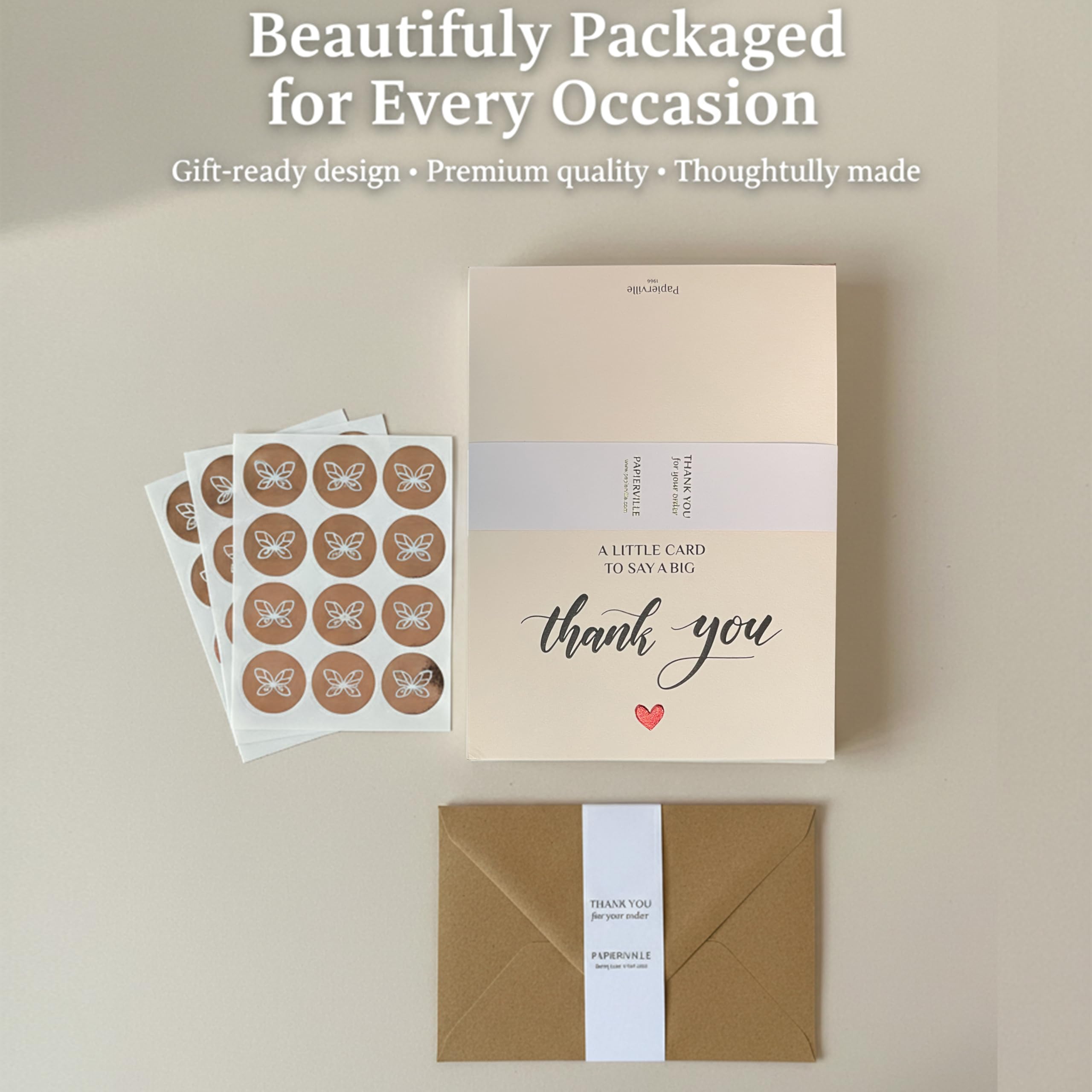 Papierville 50 Embossed Thank You Cards with Envelopes & Stickers – Ivory Folded Notecards 4x6, Elegant Textured Cardstock for Weddings, Baby Shower & Business, “A Little Card to Say a Big Thank You”