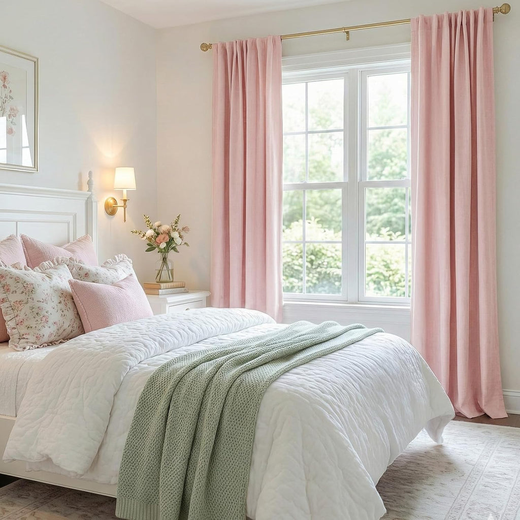 Skiennix 100% Blackout Linen Curtains - Thermal Insulated Drapes, 50" W x 96" L, Baby Pink | 2 Panels Set
