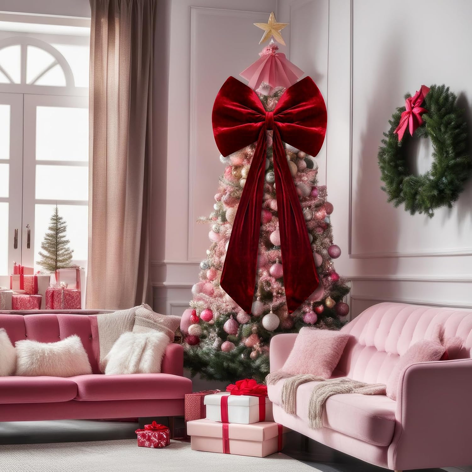 Skiennix Large Velvet Red Bow - 40x18 Inch Giant Tree Topper Ribbon | 3D Wall Decor for Parties & Events (Wine Red)