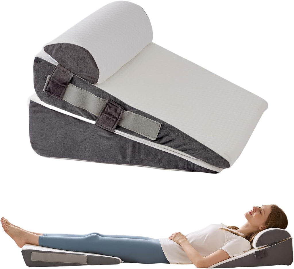 Skiennix Wedge Pillow Set - Adjustable Memory Foam for Acid Reflux Relief | 3-Piece Bed Wedge Pillows in White & Grey