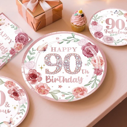192pcs 90th Birthday Decorations for Women, Serves 25, All-in-One Ninety Birthday Decorations, Rose Gold 90th Birthday Plates and Napkins with Banner, Tablecloth, Balloons & Cupcake Toppers