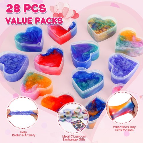28 Pack Valentines Day Cards for Kids School - Galaxy Slime Stress Relief Fidget Toys, Perfect Classroom Exchange Gifts & School Party Favors, Kids Valentines Day Gifts for School Classroom