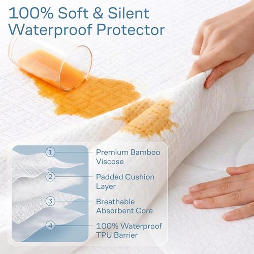 100% Waterproof Queen Mattress Protector - Noiseless & Cooling Bamboo Viscose - Ultimate Spill & Stain Defense (White)