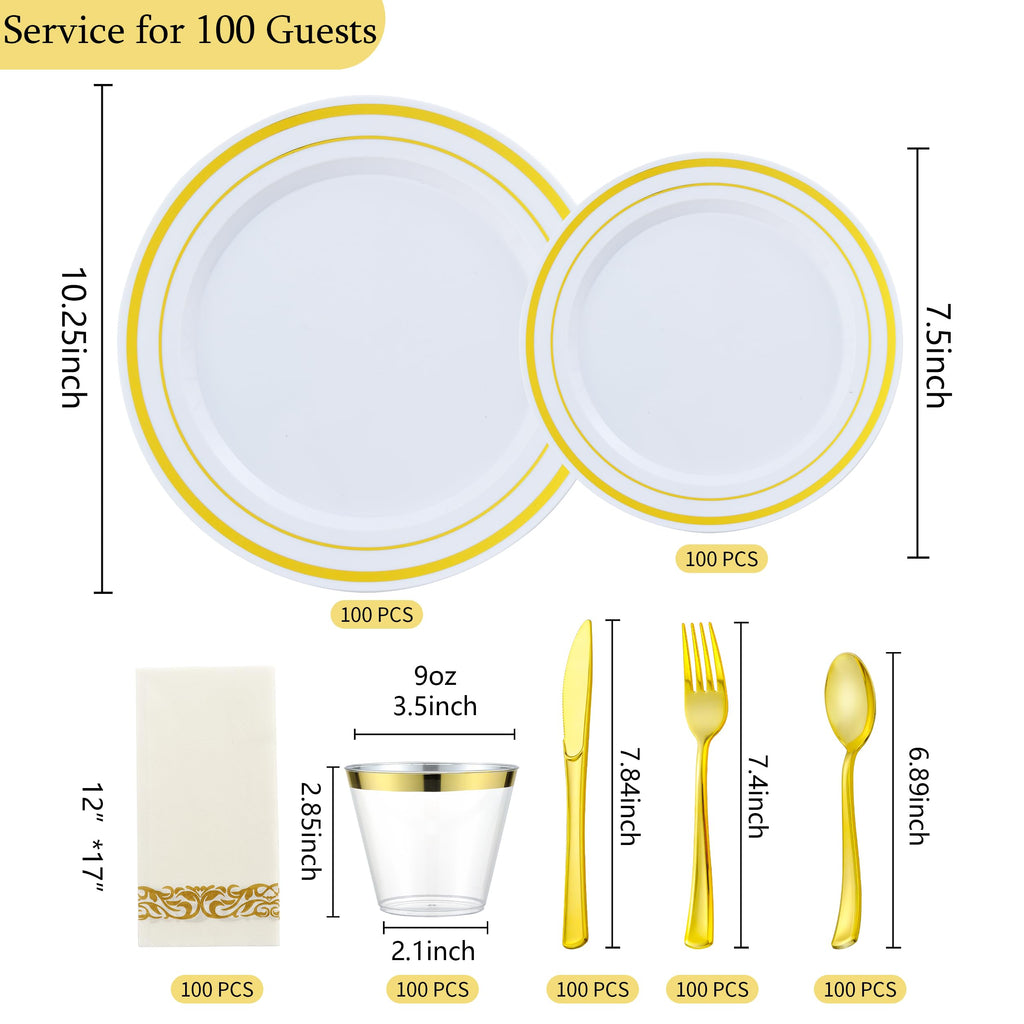 ISFANGCO 700 PCS Gold Plastic Dinnerware for 100 Guests, Gold and White Disposable Plates include 100 Dinner Plates,100 Dessert Plates,100 Silverware Set,100 Cups,100 Napkins