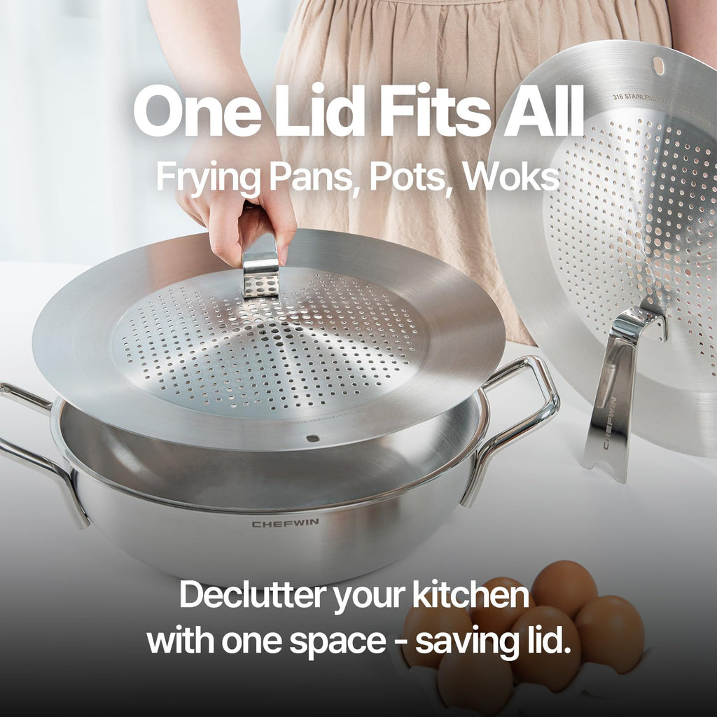 CHEFWIN Self-Standing Universal Lid for Pots and Pans – 7 to 12 Inch Fit – 316 Stainless Steel, Steam Vent, Dishwasher Safe