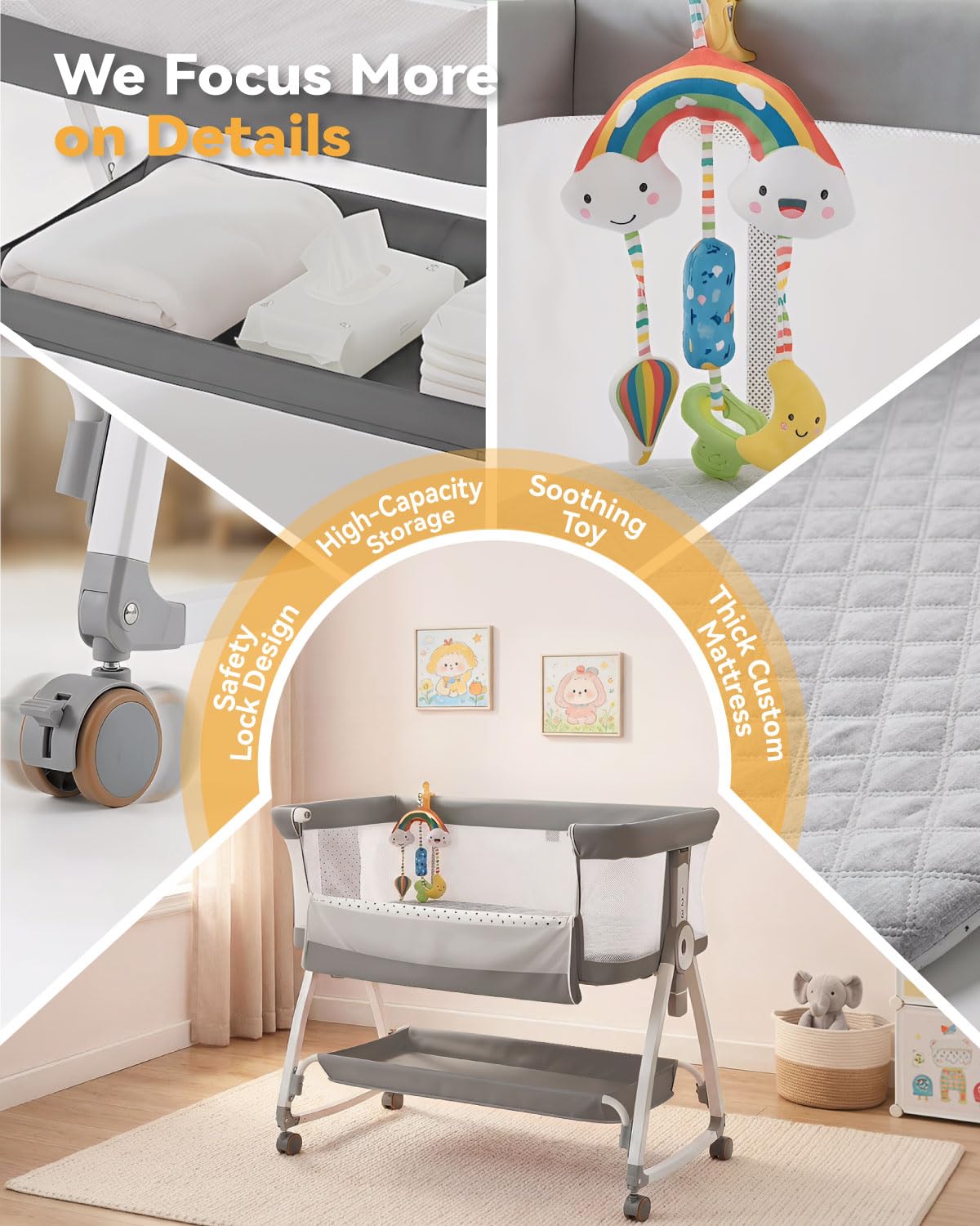 Madewell Living 4-in-1 Baby Bassinets Bedside Sleeper, Bedside Bassinet with Wheels, 6-Height Adjustable Bassinet with Soft Mattress, Mosquito Net, Soothing Toy for Newborns & Infants(Grey)
