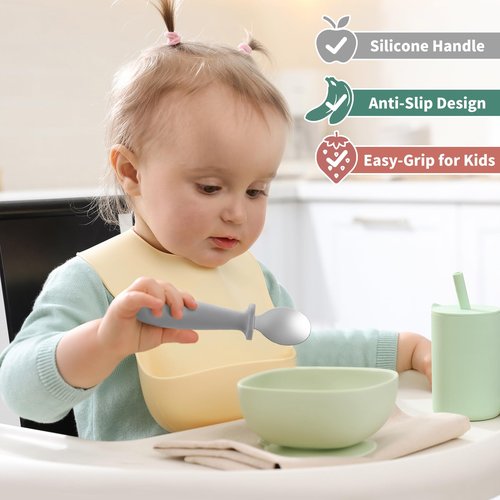 DRKIO 8 PCS Toddler Spoons Set - Baby Spoons with Silicone Handle Children safe 18/8 Stainless Steel Toddler Utensils Set for Self Feeding Kids Silverware Anti-Choke Design Food Grade Dishwasher Safe